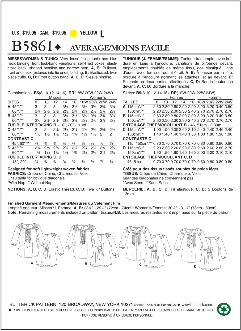 الگوهای خیاطی Butterick B5861 سایز B5 8-10-12-14-16 تونیک زنانه/دخترانه، بسته 1 عددی، سفید