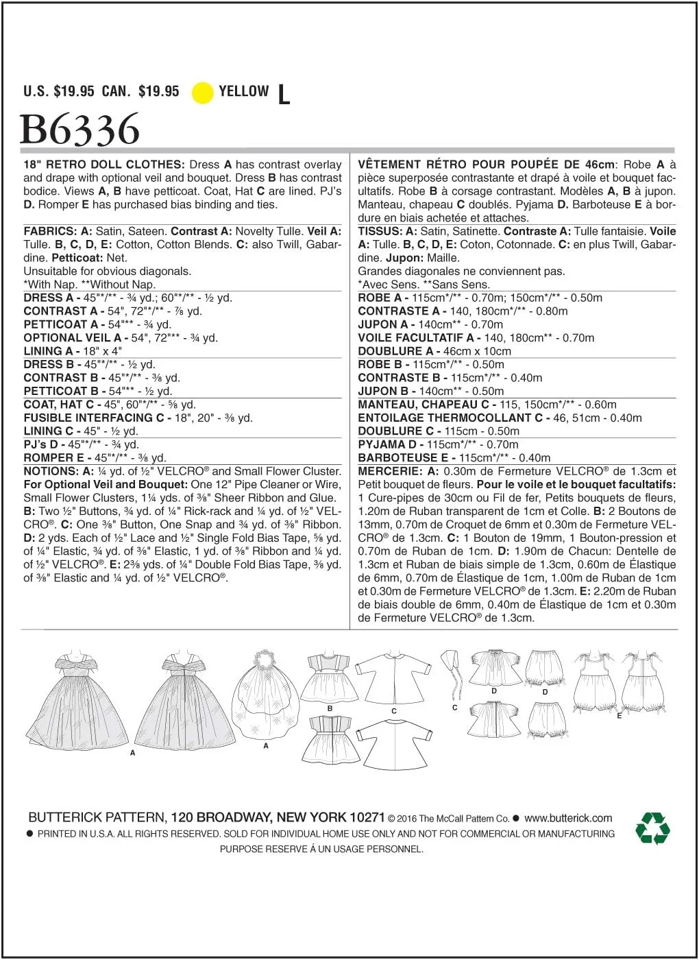 الگوهای خیاطی باتریک 6336 OSZ، لباس عروسک 18 اینچی، یک سایز