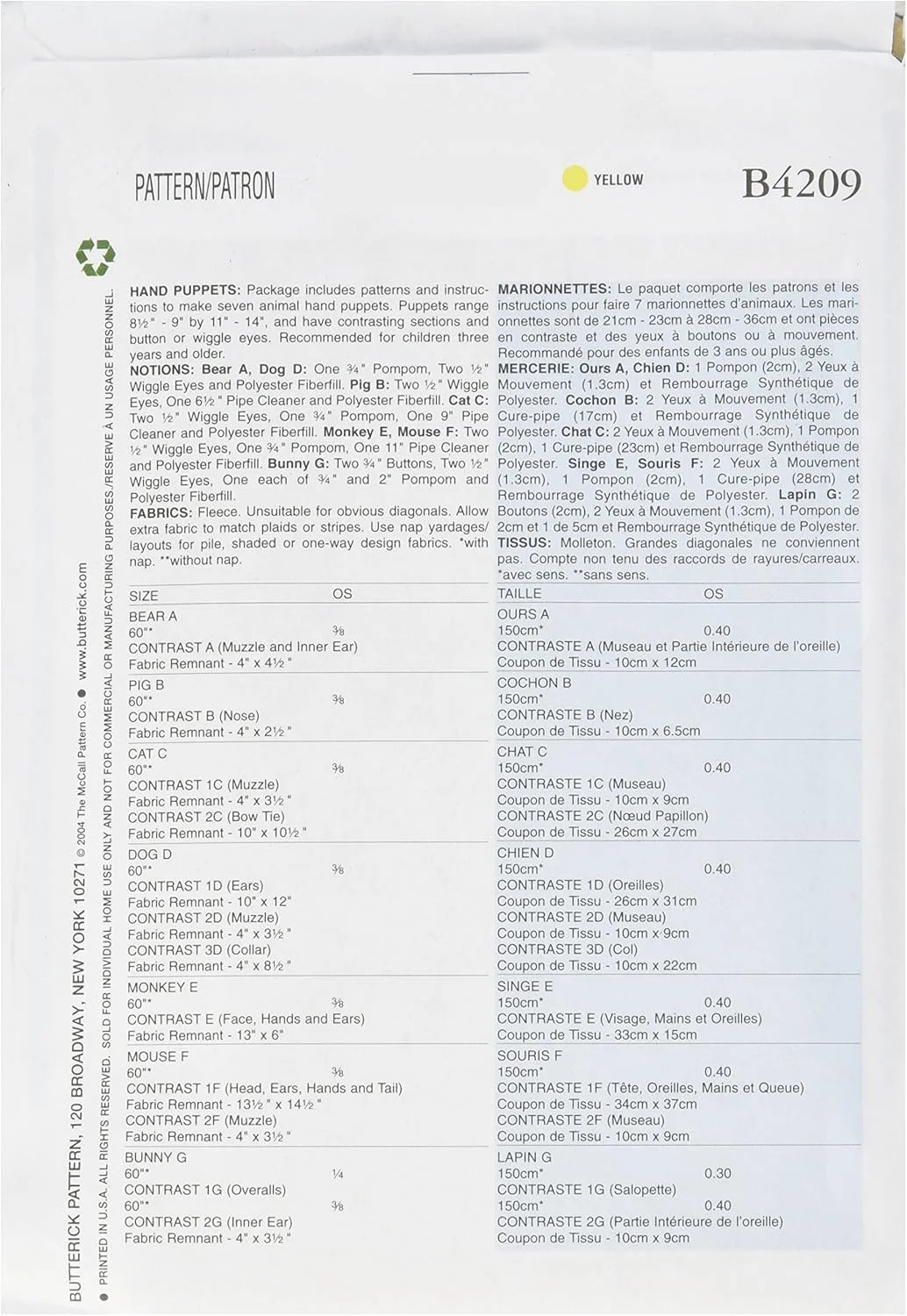 الگوهای خیاطی باتریک B4209 عروسک های دستی کودکان، فقط یک سایز الگوهای خیاطی باتریک B4209 عروسک های دستی کودکان، فقط یک سایز