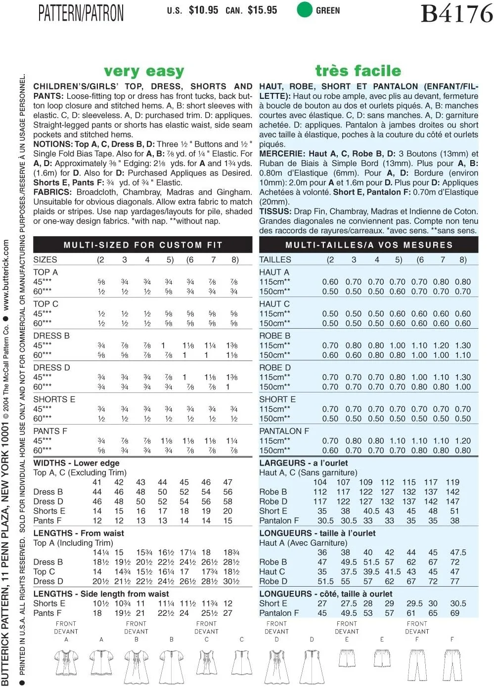 الگوهای خیاطی Butterick B4176 سایز 6-7-8 مناسب کودکان و دختران، شامل تاپ/پیراهن/شلوارک/شلوار، بسته 1 عددی، سفید