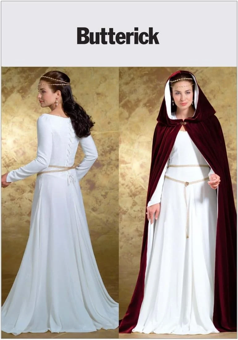 الگوهای خیاطی Butterick برای لباس زنانه و شنل، مناسب برای لباس های فانتزی و نقش آفرینی، رنگ سفید مایل به کرم، سایزهای 6-12
