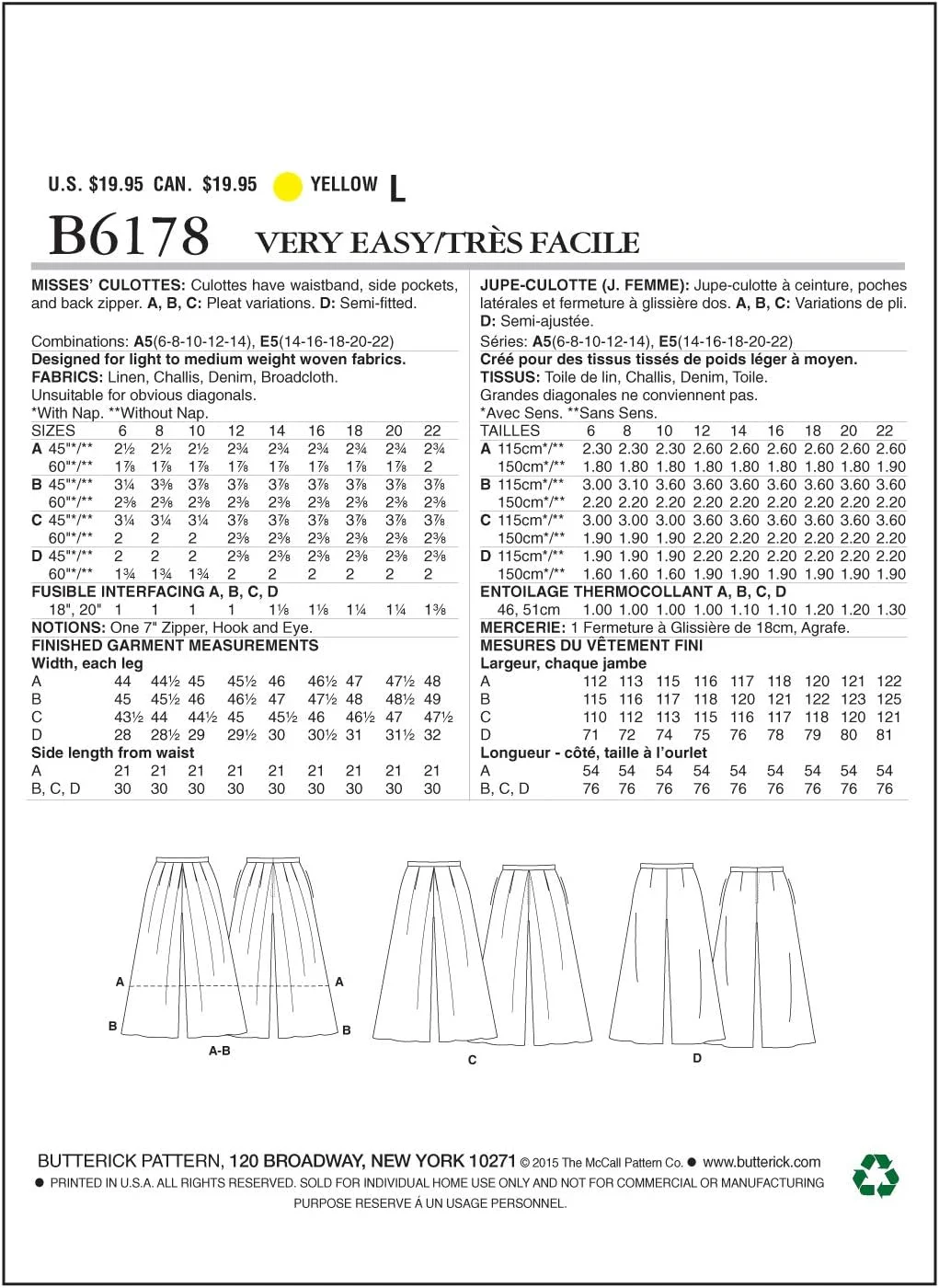 الگوهای خیاطی Butterick 6178 A5، دامن شلواری زنانه، سایزهای 6-8-10-12-14، جین، لینن