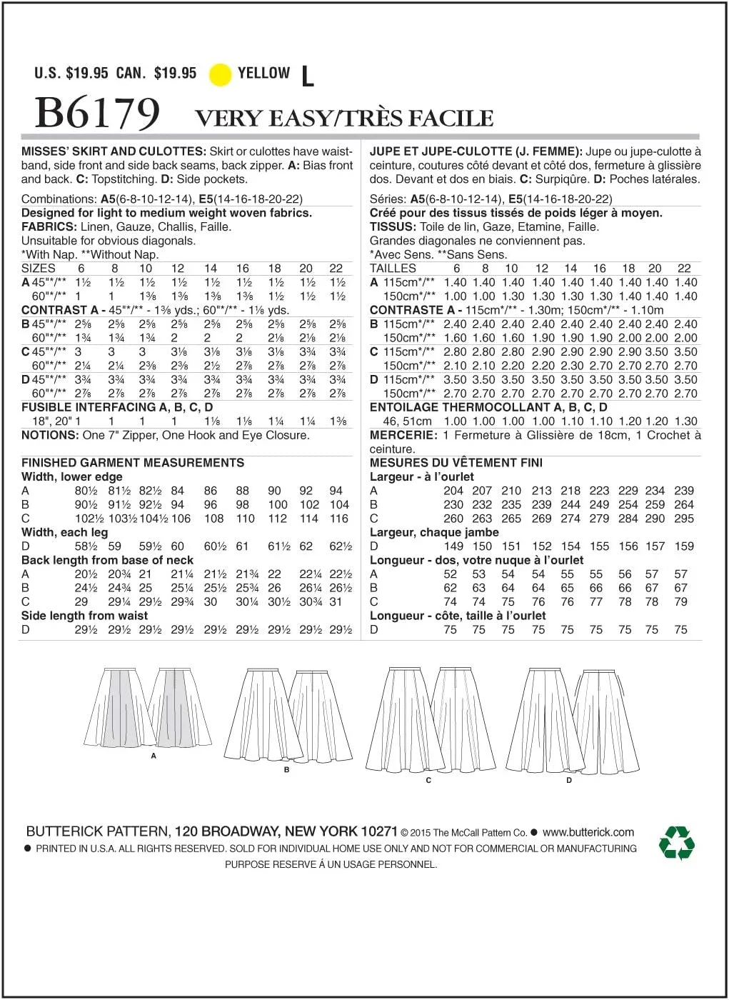 الگوهای خیاطی Butterick 6179 A5، دامن و شلوارک زنانه، سایزهای 6-8-10-12-14