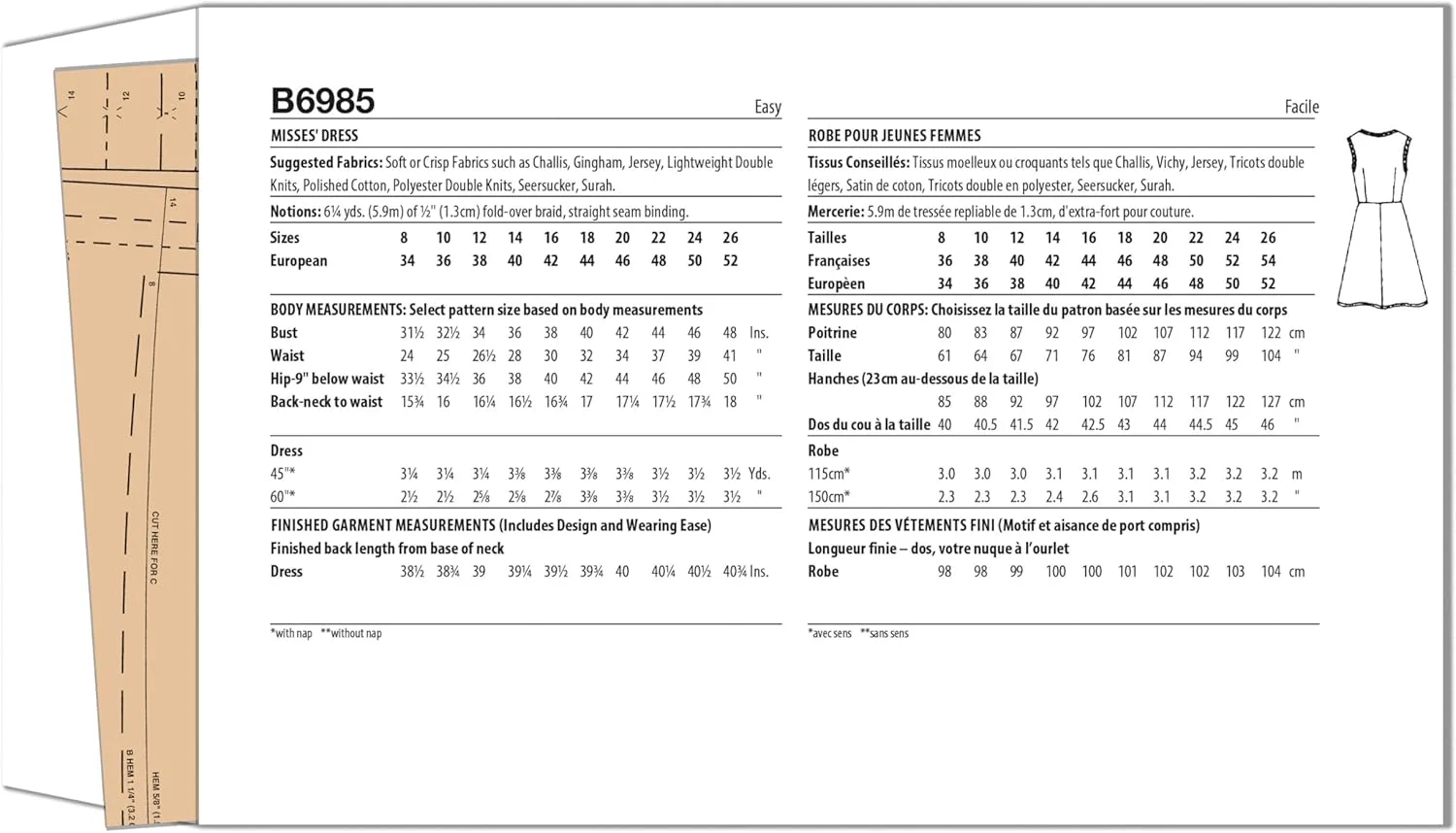 الگوی خیاطی آسان برای دوخت پیراهن بدون آستین نیمه جذب زنانه باتریک، کد طراحی B6985، سایزهای 8-10-12-14-16، چند رنگ