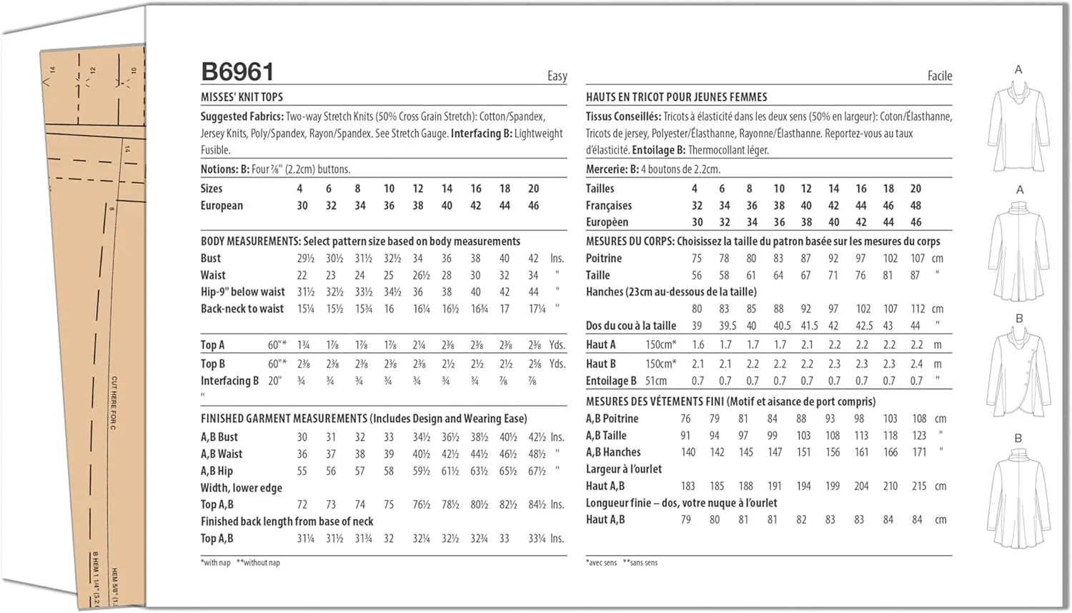 الگوی خیاطی تاپ های یقه شل کشی زنانه Butterick، مدل B6961، سایزهای 4-6-8-10-12، چند رنگ