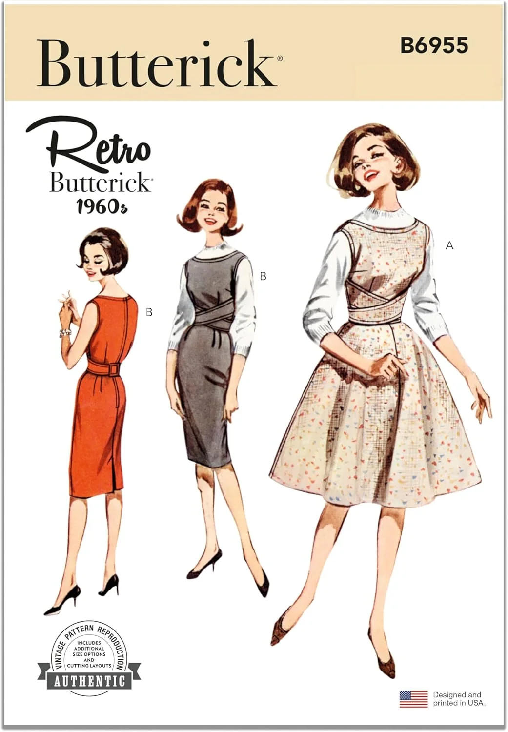 الگوی خیاطی جامپر یقه باز زنانه Butterick مدل قدیمی دهه 1960، کد طراحی B6955، سایزهای 18-20-22-24-26