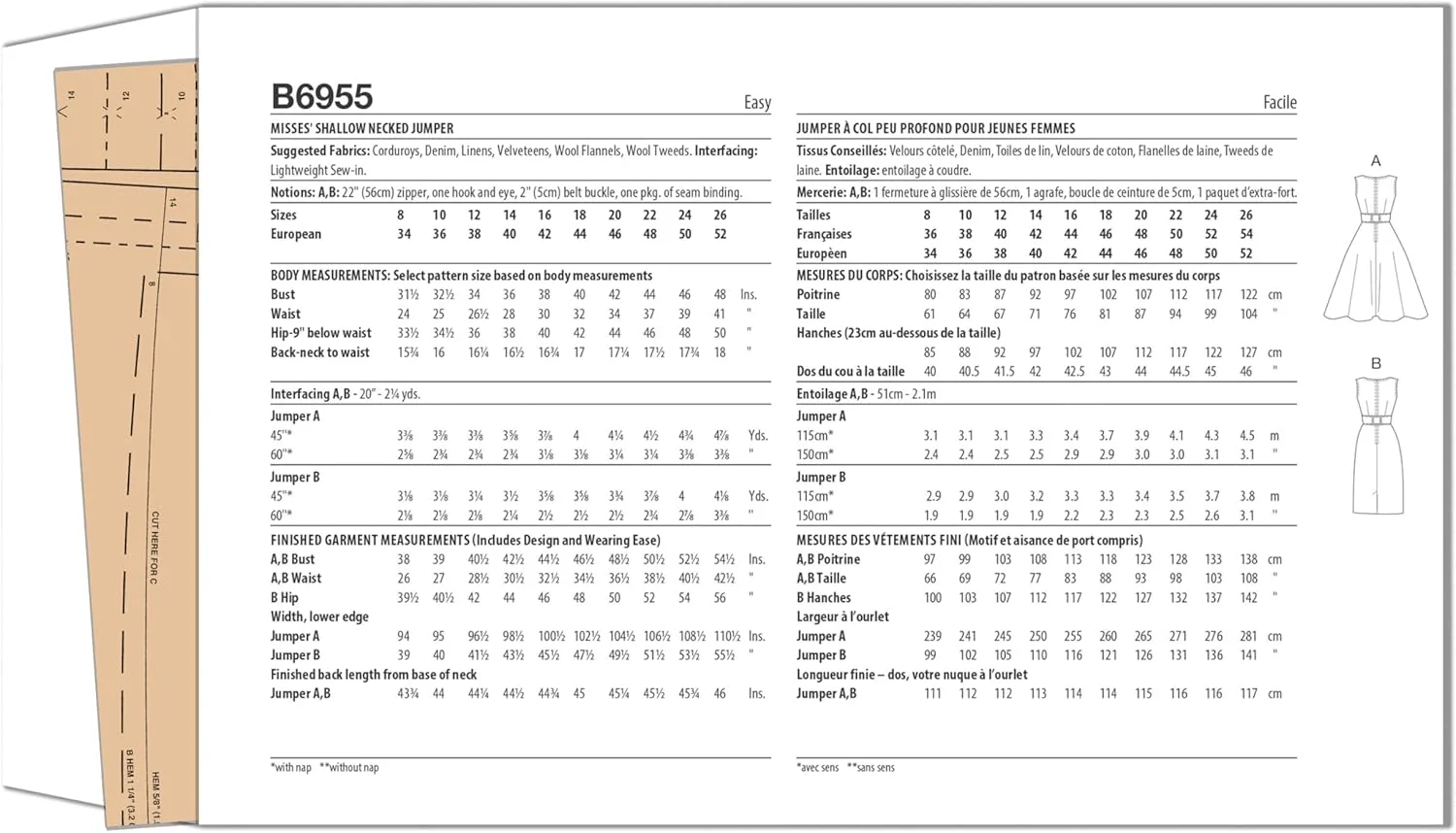 الگوی خیاطی جامپر یقه باز زنانه Butterick مدل قدیمی دهه 1960، کد طراحی B6955، سایزهای 18-20-22-24-26