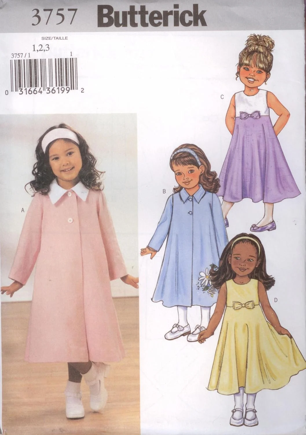 الگوی خیاطی Butterick 3757 دخترانه سایز 1-2-3، کت بهاری آسان، مدل آزاد، لباس بدون آستین با کمر امپراتوری