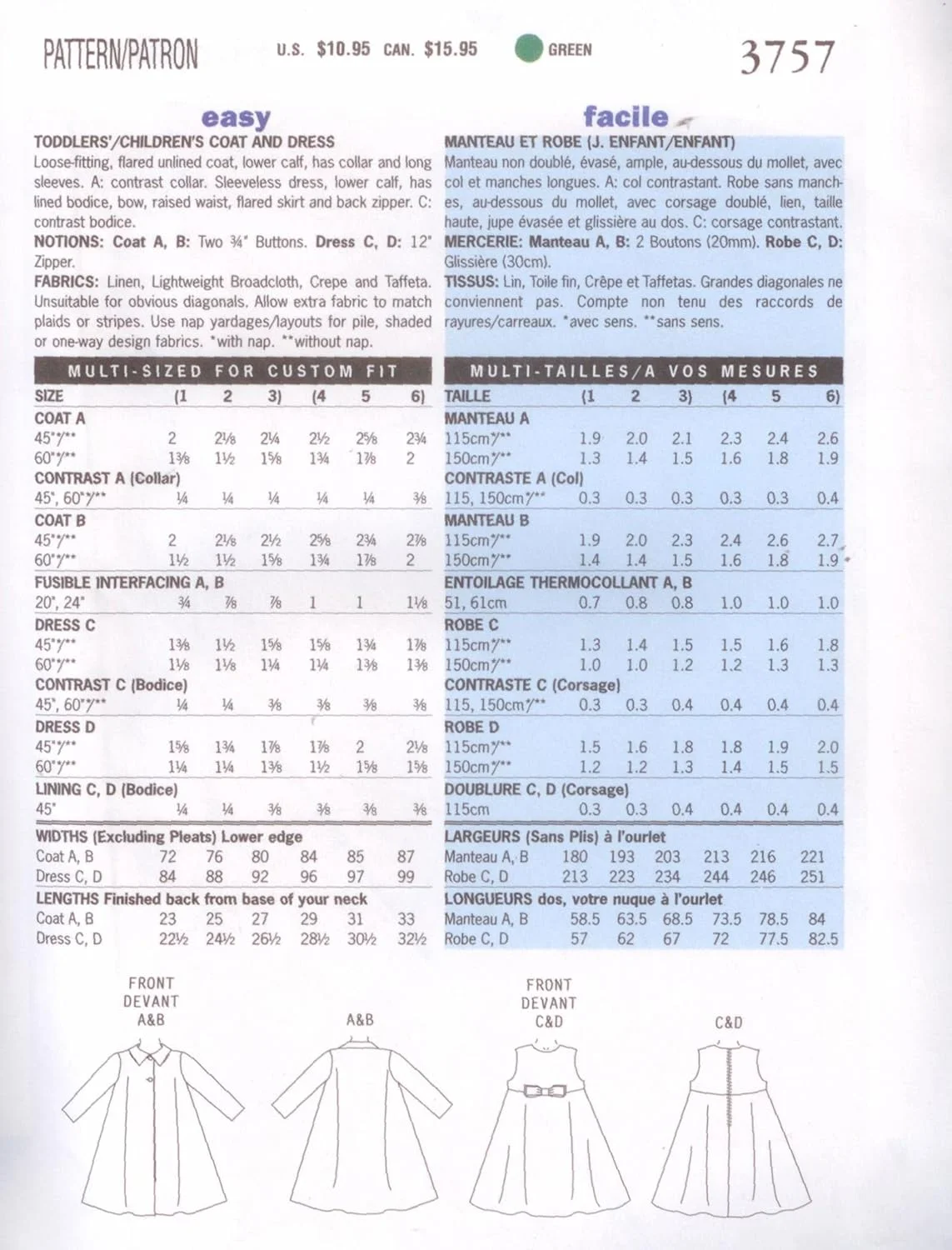 الگوی خیاطی Butterick 3757 دخترانه سایز 1-2-3، کت بهاری آسان، مدل آزاد، لباس بدون آستین با کمر امپراتوری الگوی خیاطی Butterick 3757 دخترانه سایز 1-2-3، کت بهاری آسان، مدل آزاد، لباس بدون آستین با کمر امپراتوری