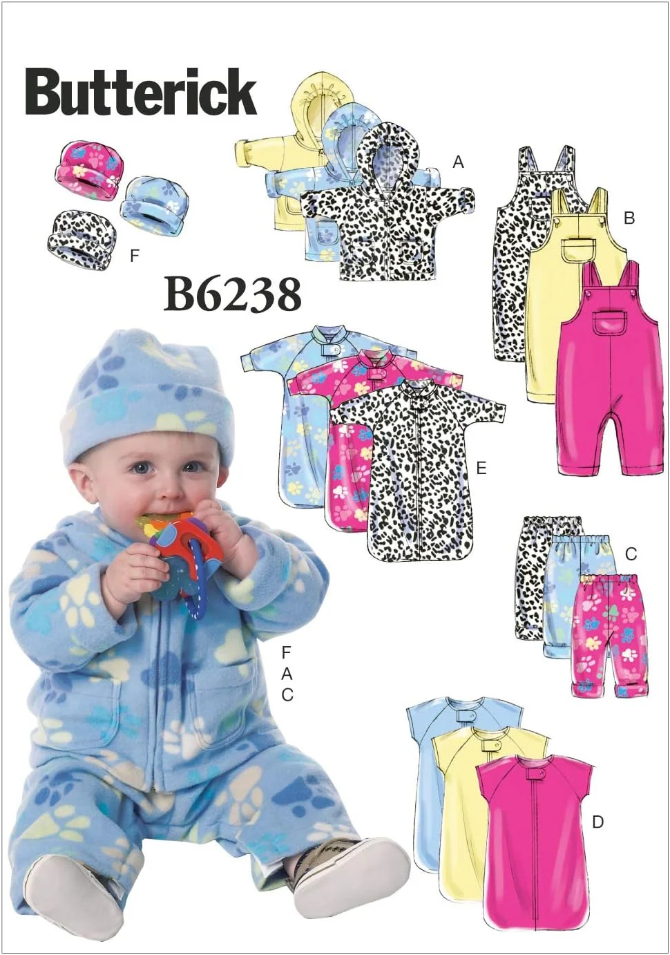 الگوهای خیاطی Butterick 6238، ژاکت، سرهمی، شلوار، قنداق و کلاه نوزاد، NB-S-M-L-XL، پشم گوسفند، چند رنگ، YA5 در یک پاکت