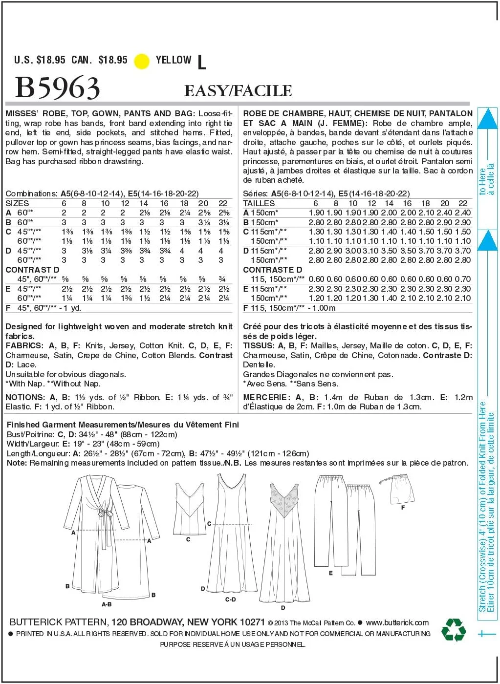 الگوهای خیاطی باتریک B5963، مخصوص بانوان، شامل الگوهای دوخت روپوش، تاپ، پیراهن خواب، شلوار و کیف، سایز E5 (14-16-18-20-22)