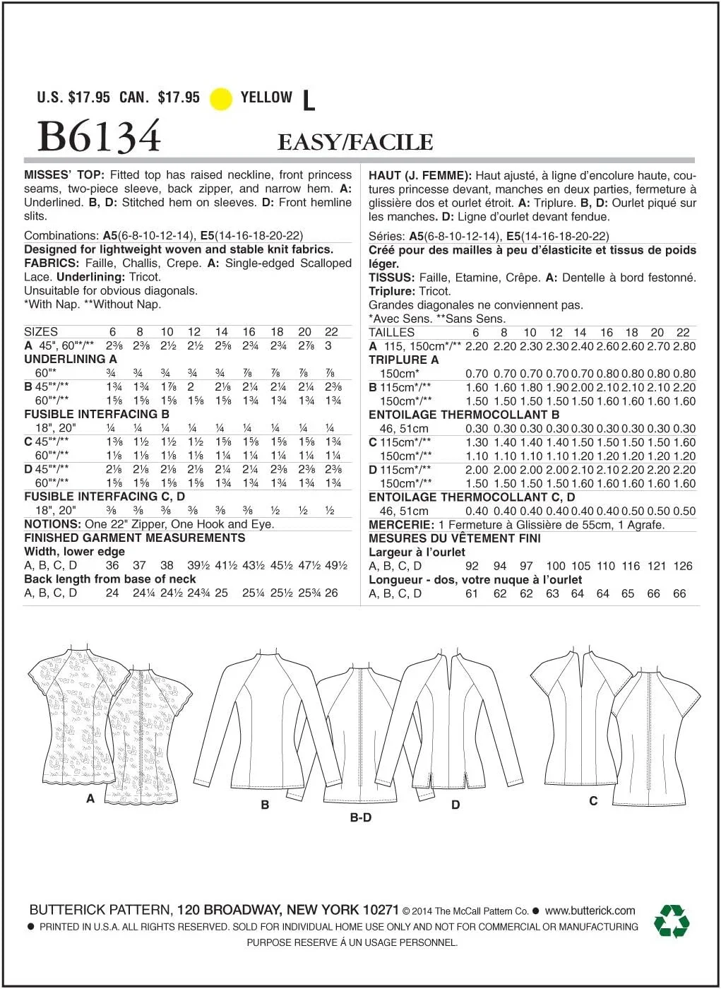 الگو خیاطی تاپ زنانه Butterick Patterns B6134، سایز E5 (14-16-18-20-22) الگو خیاطی تاپ زنانه Butterick Patterns B6134، سایز E5 (14-16-18-20-22)