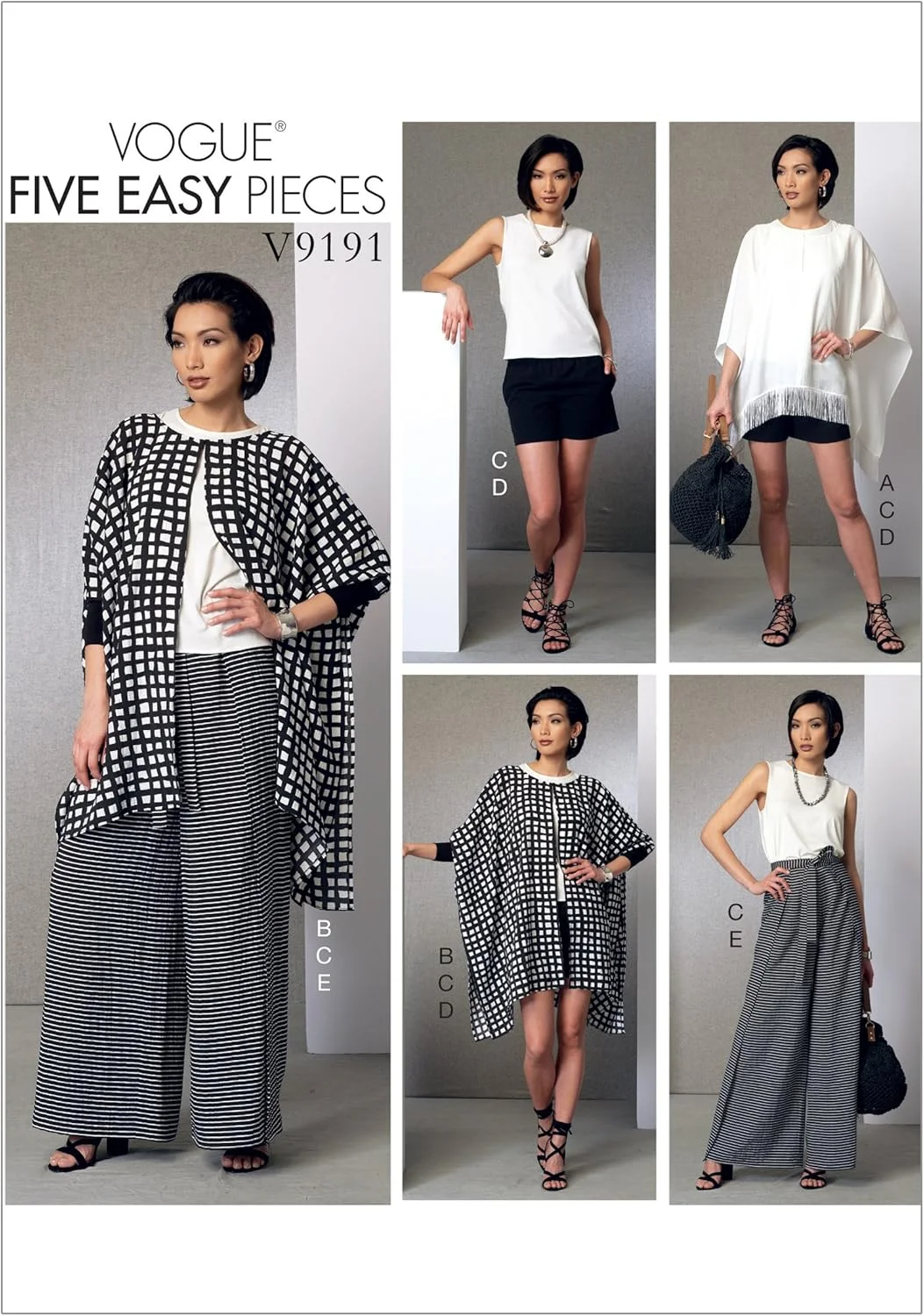 الگوهای Butterick VOGUE 9191 Y، پانچو زنانه، تاپ، شورت و شلوار، سایزهای XSM-MED