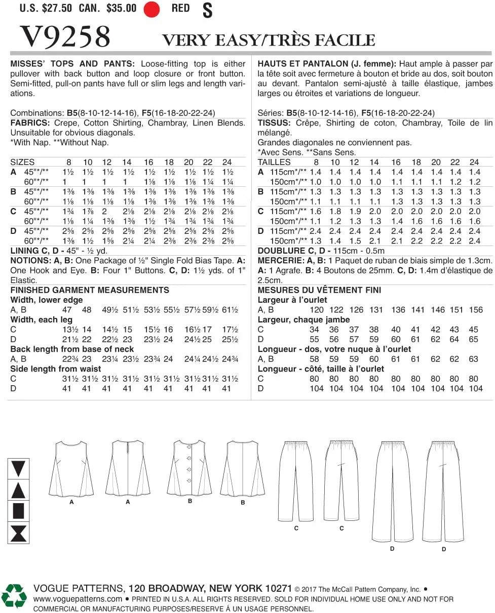 الگوهای خیاطی باتریک ووگ 9258 F5، تاپ و شلوار زنانه، سایز 16-24، کاغذی، چند رنگ، 15 x 0.5 x 22 سانتی متر