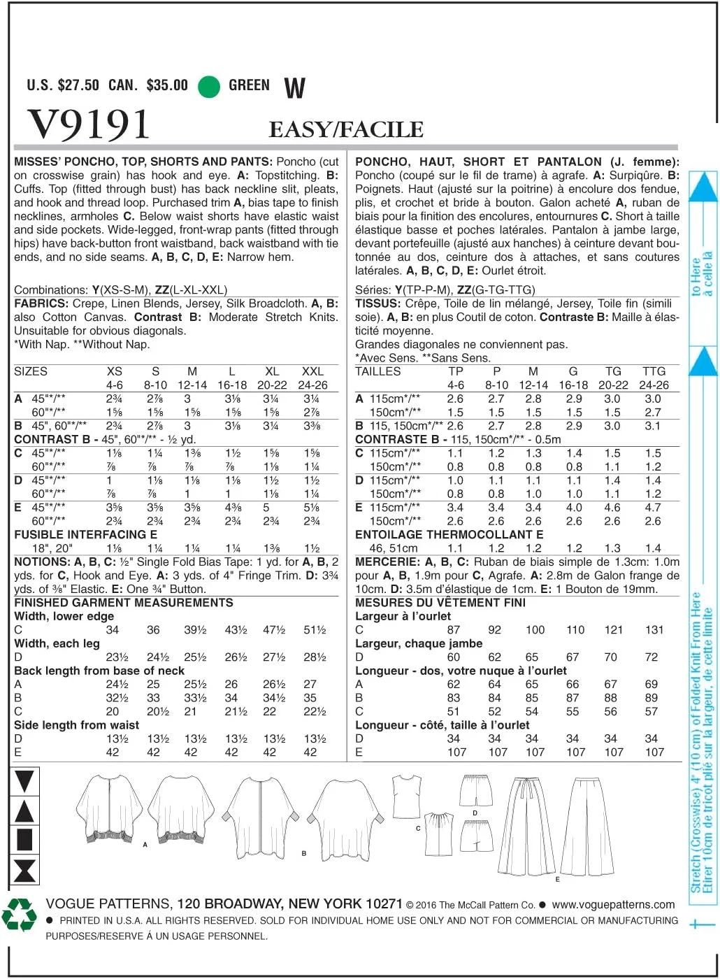 الگوهای Butterick VOGUE 9191 Y، پانچو زنانه، تاپ، شورت و شلوار، سایزهای XSM-MED الگوهای Butterick VOGUE 9191 Y، پانچو زنانه، تاپ، شورت و شلوار، سایزهای XSM-MED