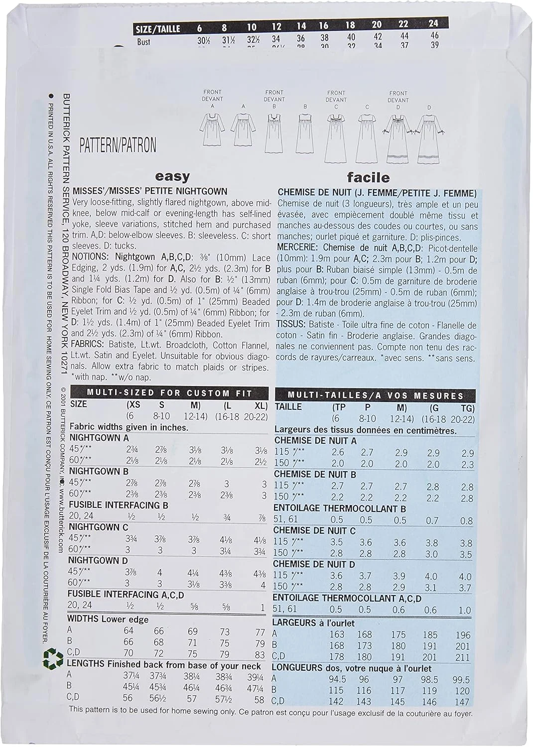 الگوهای خیاطی باتریک B6838 لباس خواب زنانه/زنانه ریزه اندام، سایز بزرگ (L-XL)