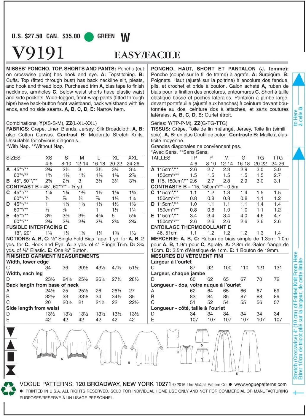 الگوهای Butterick VOGUE 9191 Y، پانچو زنانه، تاپ، شورت و شلوار، سایزهای XSM-MED الگوهای Butterick VOGUE 9191 Y، پانچو زنانه، تاپ، شورت و شلوار، سایزهای XSM-MED