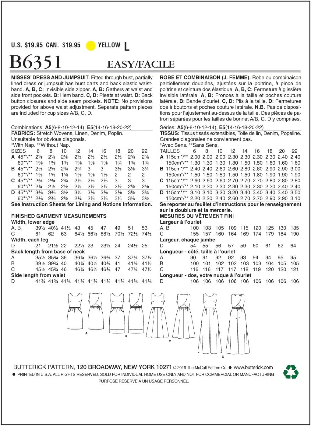 الگوهای خیاطی Butterick 6351 E5، لباس و سرهمی زنانه، سایزهای 14-22، زرد الگوهای خیاطی Butterick 6351 E5، لباس و سرهمی زنانه، سایزهای 14-22، زرد