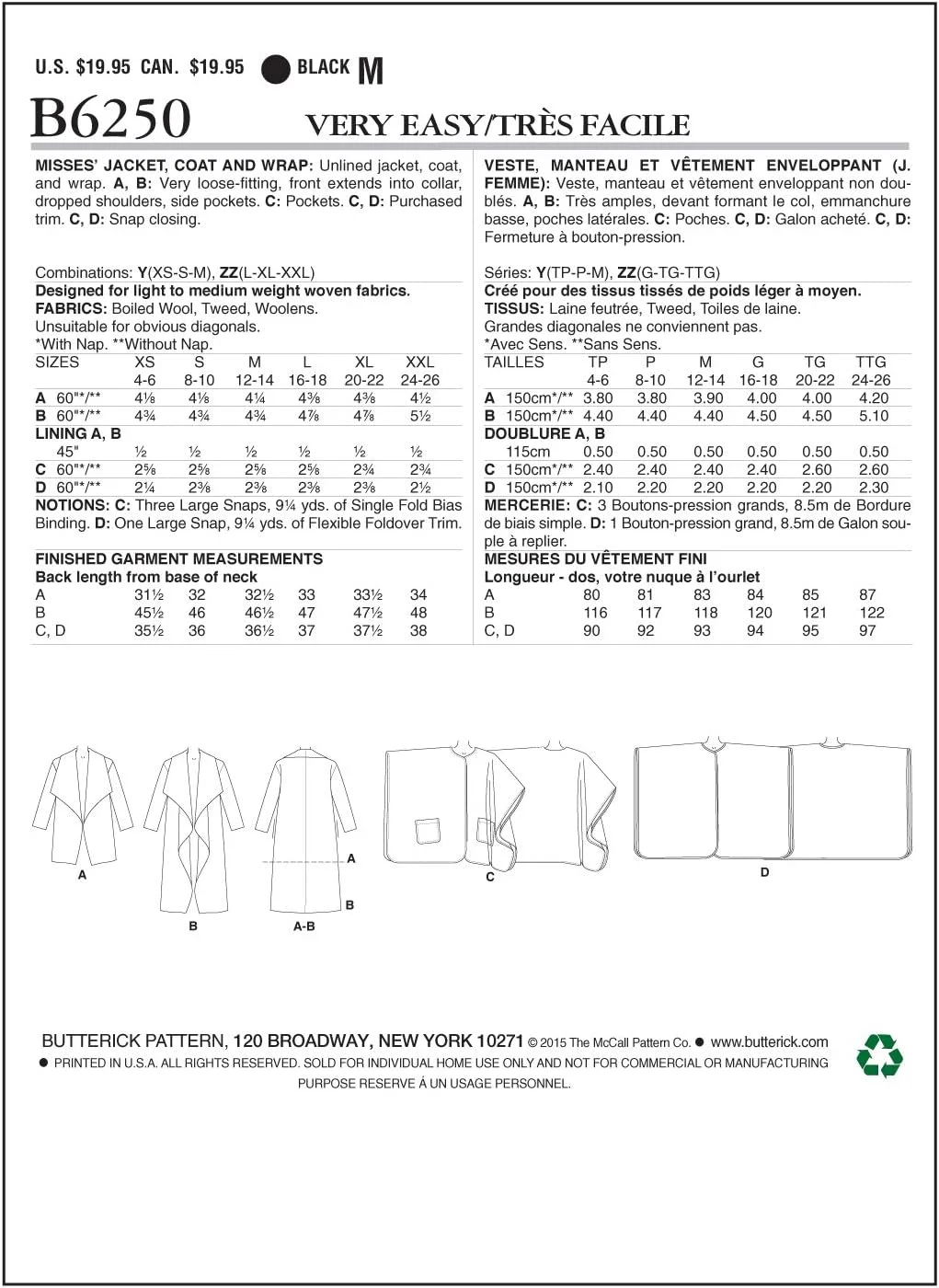 الگوهای خیاطی باتریک 6250 Y، ژاکت، کت و روپوش زنانه، سایزها XSM(4-6)-SML(8-10)-MED(12-14) الگوهای خیاطی باتریک 6250 Y، ژاکت، کت و روپوش زنانه، سایزها XSM(4-6)-SML(8-10)-MED(12-14)