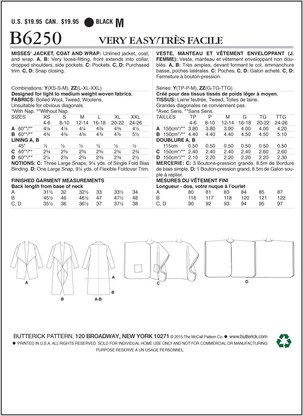 الگوهای خیاطی باتریک 6250 Y، ژاکت، کت و روپوش زنانه، سایزها XSM(4-6)-SML(8-10)-MED(12-14) الگوهای خیاطی باتریک 6250 Y، ژاکت، کت و روپوش زنانه، سایزها XSM(4-6)-SML(8-10)-MED(12-14)