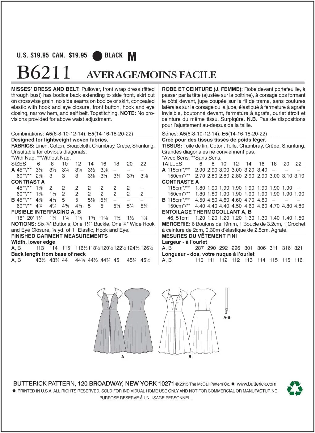 الگوهای خیاطی Butterick 6211 E5، لباس زنانه و کمربند، سایزهای 14-16-18-20-22، بدون جنس