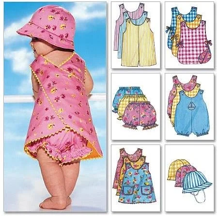 الگوهای Butterick B5625 سایز بزرگ L-XL لباس سرهمی، جامپر، شورت و کلاه نوزاد، بسته 1 عددی، سفید