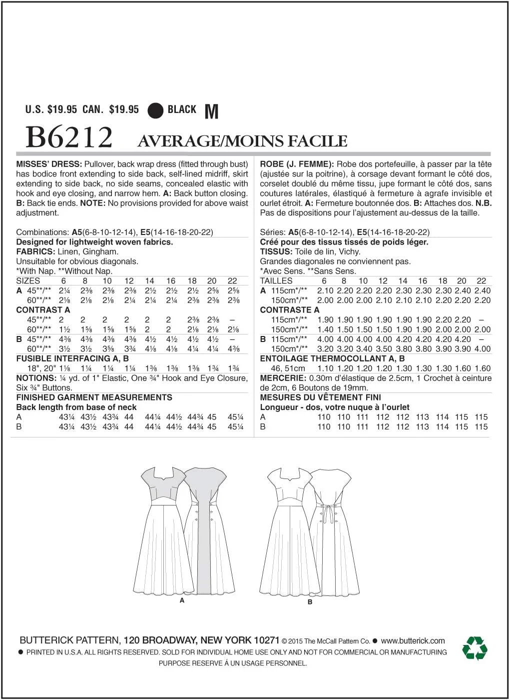 الگوهای خیاطی Butterick 6212 E5، لباس زنانه، سایزهای 14-16-18-20-22، پارچه لینن، بدون طرح الگوهای خیاطی Butterick 6212 E5، لباس زنانه، سایزهای 14-16-18-20-22، پارچه لینن، بدون طرح