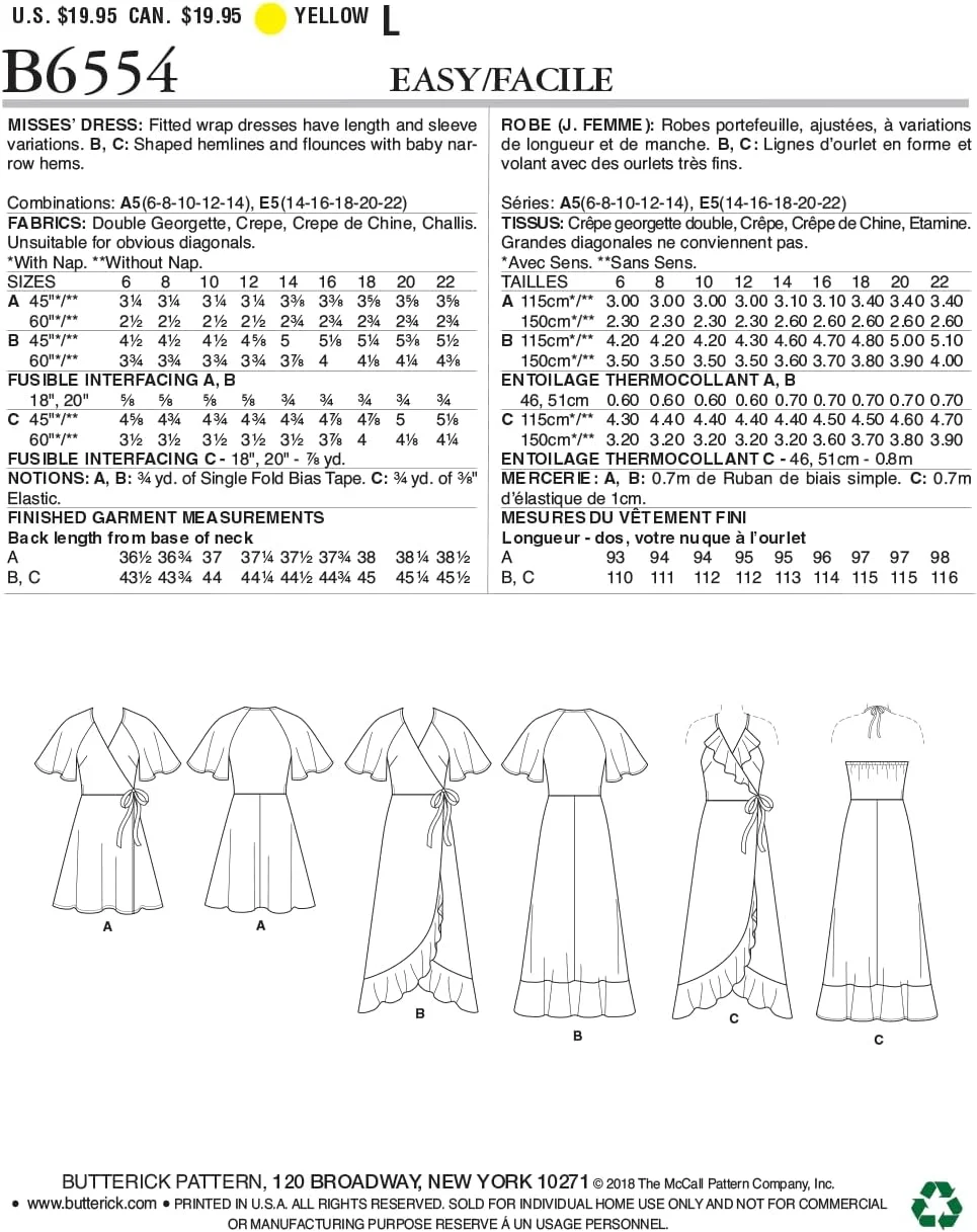 الگوهای خیاطی باتریک 6554 A5 سایزهای 6-14، لباس های زنانه مدلWrap، کاغذی، چند رنگ، 17 x 0.5 x 22 سانتی متر