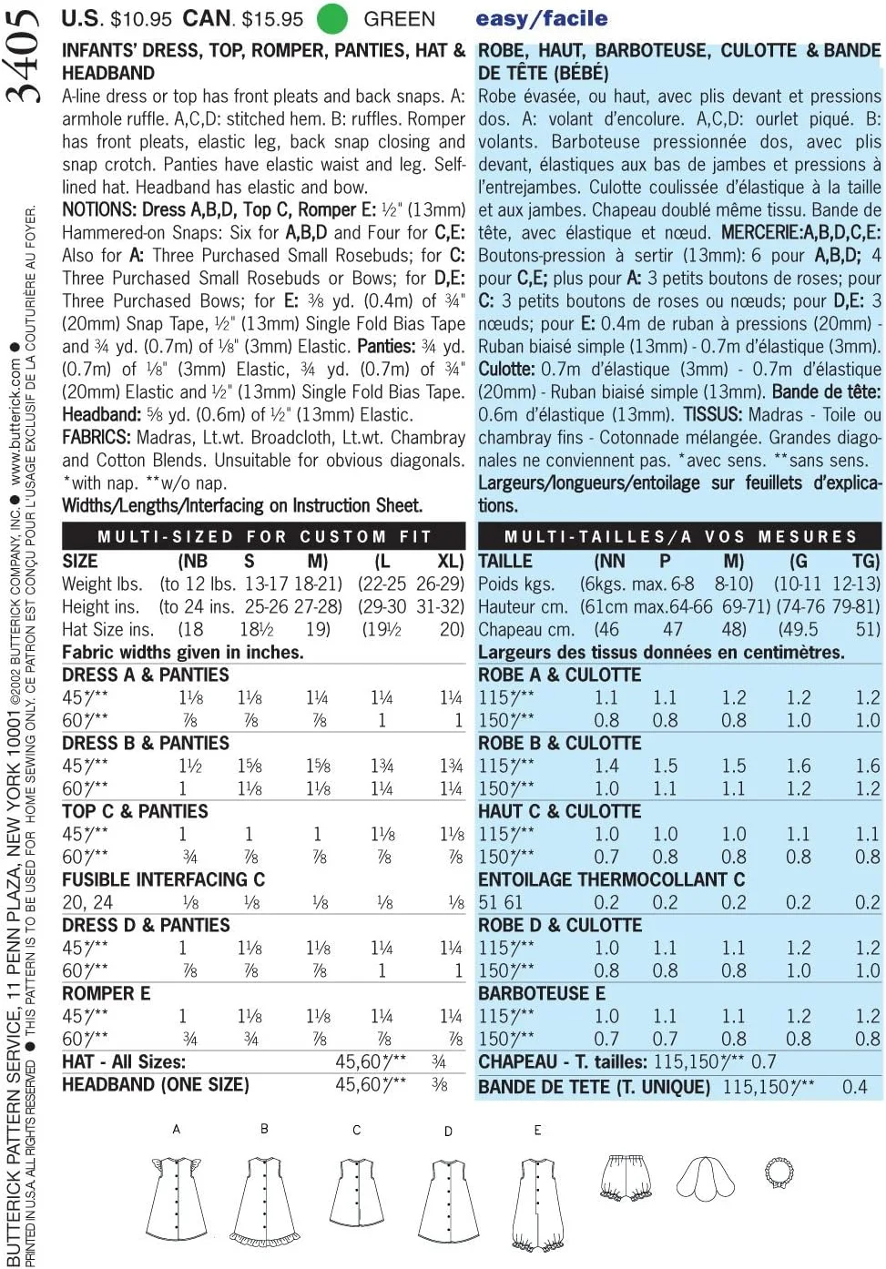 الگوهای خیاطی باتریک B3405 لباس، تاپ، رامپر، شورت، کلاه و هدبند نوزاد، سایز بزرگ (L-XL)