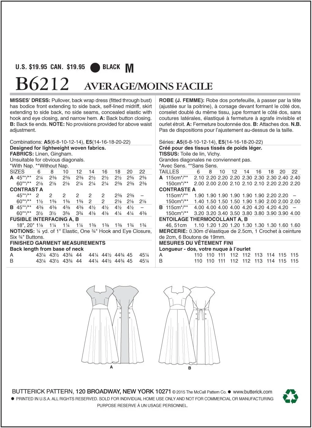 الگوهای خیاطی Butterick 6212 E5، لباس زنانه، سایزهای 14-16-18-20-22، پارچه لینن، بدون طرح الگوهای خیاطی Butterick 6212 E5، لباس زنانه، سایزهای 14-16-18-20-22، پارچه لینن، بدون طرح