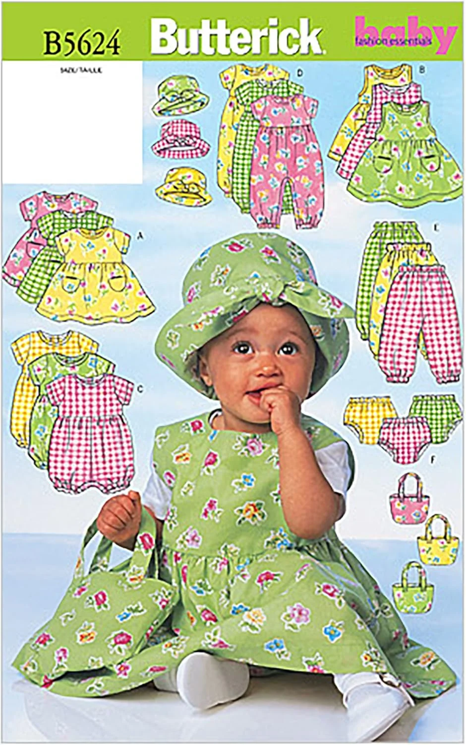 الگوهای خیاطی Butterick B5624 سایز بزرگ L-XL لباس نوزاد، سارافون، رامپر، جامپسوت، شورت، کلاه و کیف، بسته 1 عددی، سفید