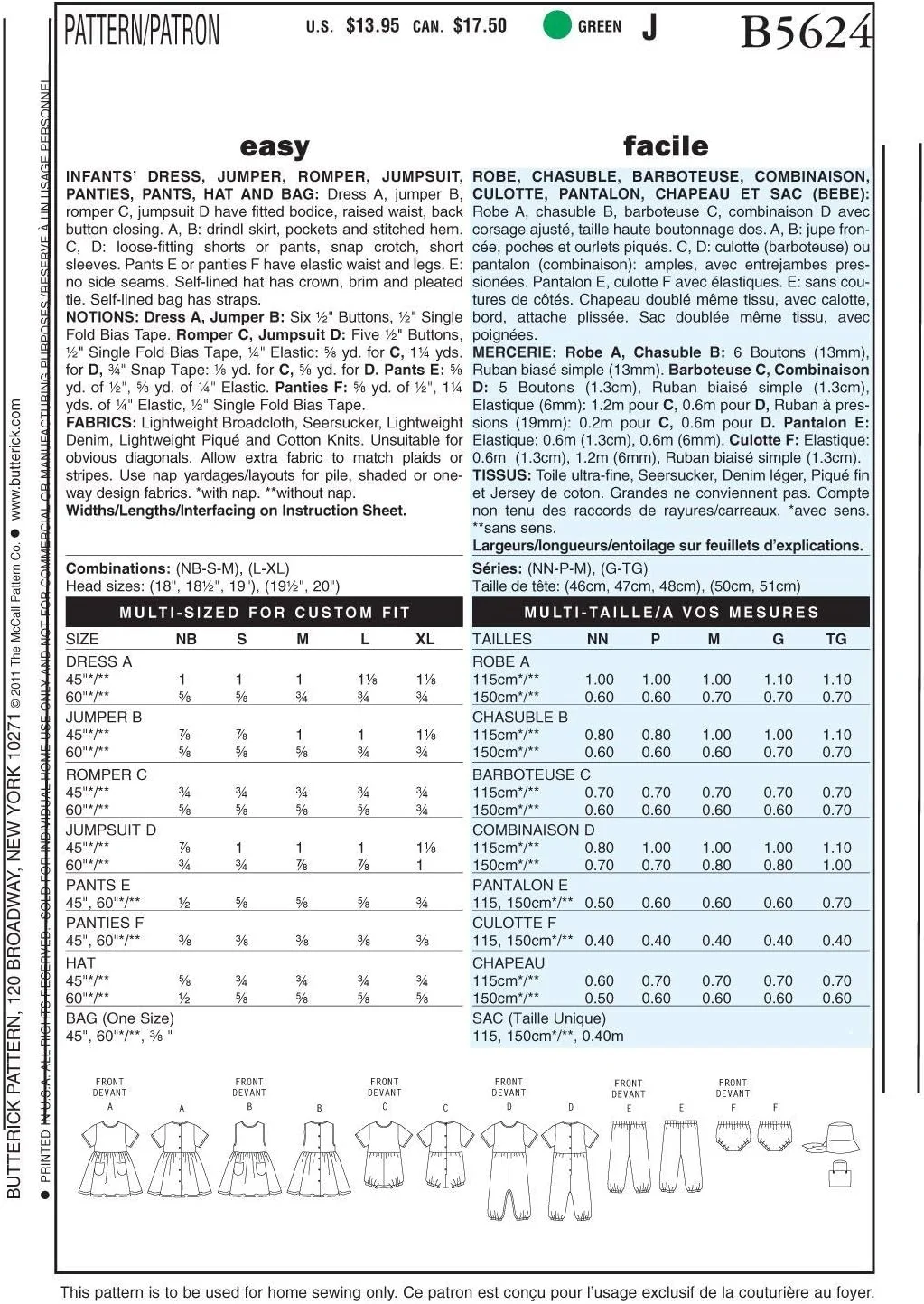 الگوهای خیاطی Butterick B5624 سایز بزرگ L-XL لباس نوزاد، سارافون، رامپر، جامپسوت، شورت، کلاه و کیف، بسته 1 عددی، سفید الگوهای خیاطی Butterick B5624 سایز بزرگ L-XL لباس نوزاد، سارافون، رامپر، جامپسوت، شورت، کلاه و کیف، بسته 1 عددی، سفید