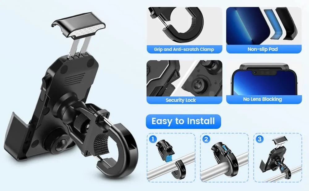 نگهدارنده گوشی موتور سیکلت و دوچرخه MAKINGTEC، مناسب برای ATV/دوچرخه/کالسکه/اسکوتر با قفل ایمنی، گیره فرمان ضد لغزش و ضد لرزش، مناسب برای آیفون 13 پرو مکس / 12 پرو مکس / 11 / تلفن همراه 4.5 اینچ - 7 اینچ