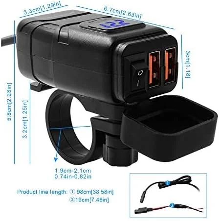 شارژر USB موتور سیکلت Beedove، سوکت USB شارژ سریع QC3.0 12 ولت، با نمایشگر ولت متر و سوئیچ ضد آب شارژر تلفن موتور سیکلت برای خودرو/قایق/کمپر/ون/کاروان