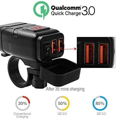 شارژر USB موتور سیکلت Beedove، سوکت USB شارژ سریع QC3.0 12 ولت، با نمایشگر ولت متر و سوئیچ ضد آب شارژر تلفن موتور سیکلت برای خودرو/قایق/کمپر/ون/کاروان