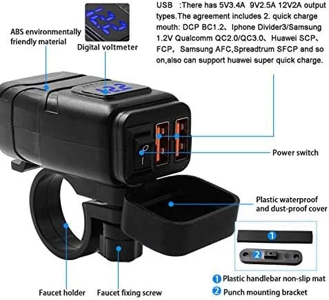 شارژر USB موتور سیکلت Beedove، سوکت USB شارژ سریع QC3.0 12 ولت، با نمایشگر ولت متر و سوئیچ ضد آب شارژر تلفن موتور سیکلت برای خودرو/قایق/کمپر/ون/کاروان