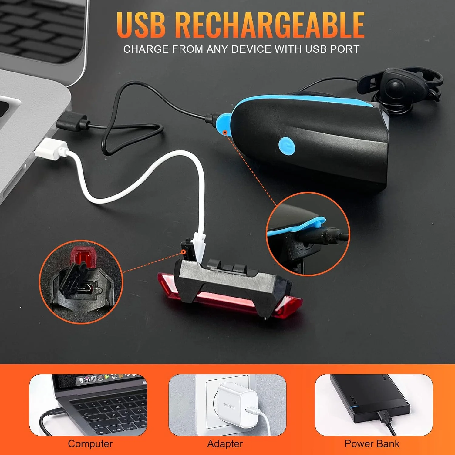 ست چراغ دوچرخه SKY-TOUCH، قابل شارژ USB، لوازم جانبی LED دوچرخه، چراغ جلو و عقب برای دوچرخه کوهستان، 4 حالت نورپردازی، نصب آسان (آبی)