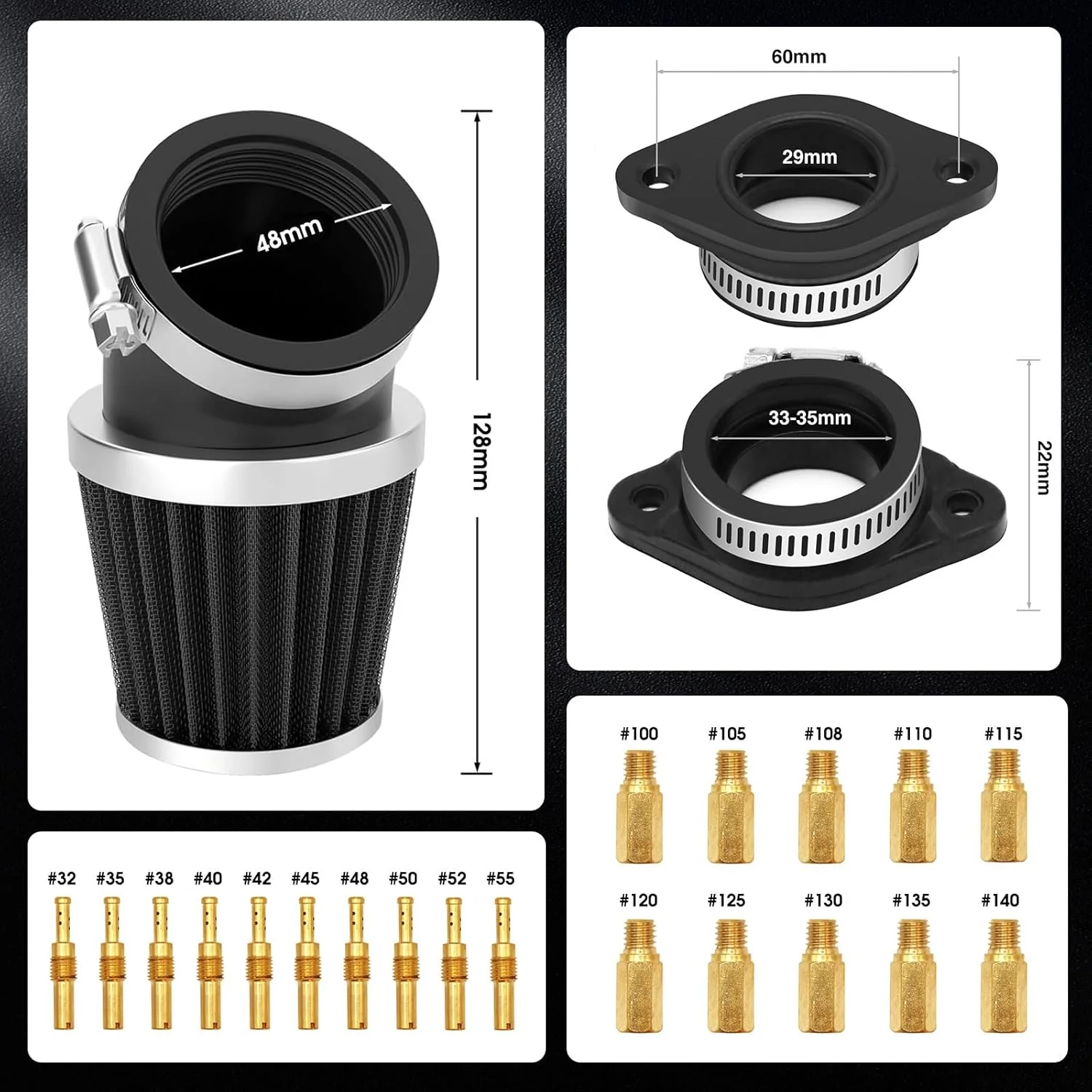کیت کاربراتور مسابقه ای ZSDTRP PWK 30mm با فیلتر هوا، 10 عدد ژیگلور اصلی، 10 عدد ژیگلور فرعی، مناسب برای موتورهای 2 زمانه و 4 زمانه، موتور سیکلت خاکی، موتور کراس، اسکوتر، ATV، Quad، Go Kart (30mm)
