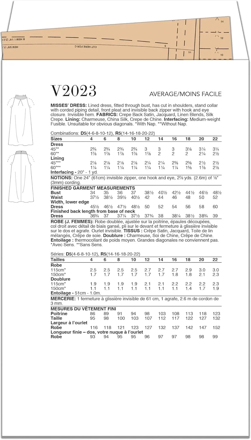 الگوی خیاطی لباس زنانه Vogue Misses' آستر دار، طراحی شده توسط Tom & Linda Platt Inc، کد طراحی V2023، سایز 14-16-18-20-22، چند رنگ