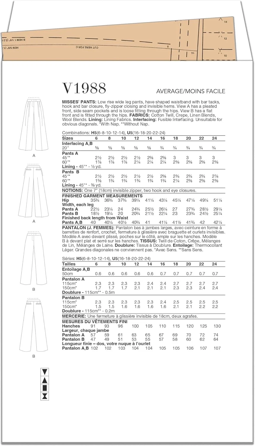 الگوهای خیاطی Vogue برای شلوار دمپا گشاد فاق کوتاه زنانه، سایزهای 6-8-10-12-14، چند رنگ