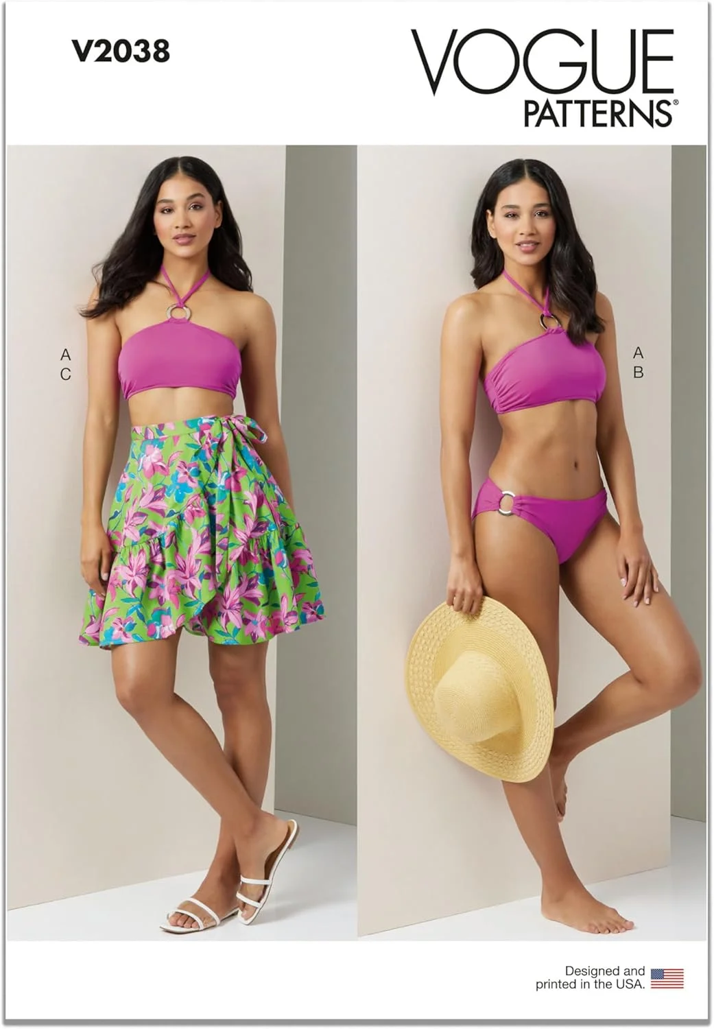 الگوهای خیاطی ووگ، بسته خیاطی بیکینی آستردار و سارافون زنانه، کد طراحی V2038، XS-S-M-L-XL-XXL، چند رنگ