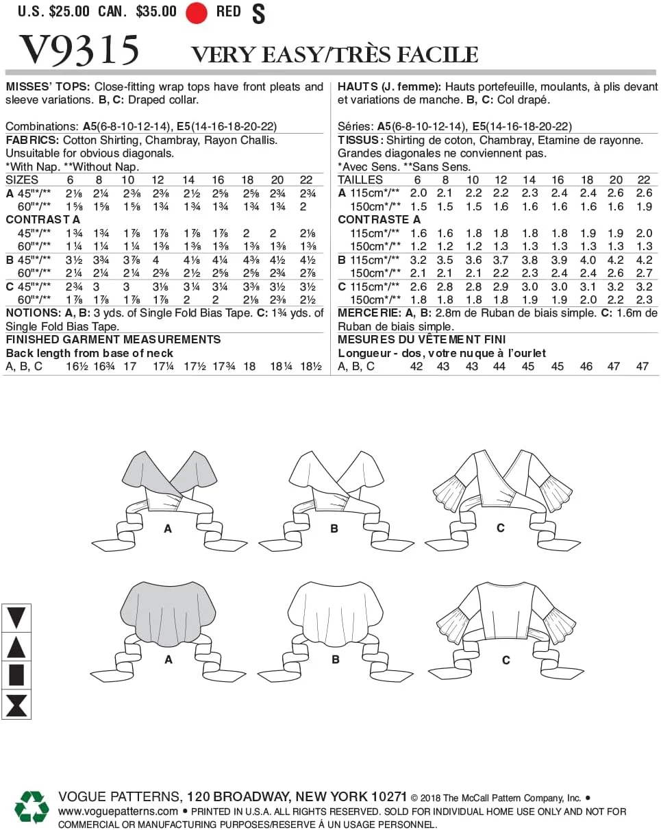 الگوهای Vogue تاپ زنانه، 14-16-18-20-22، قرمز