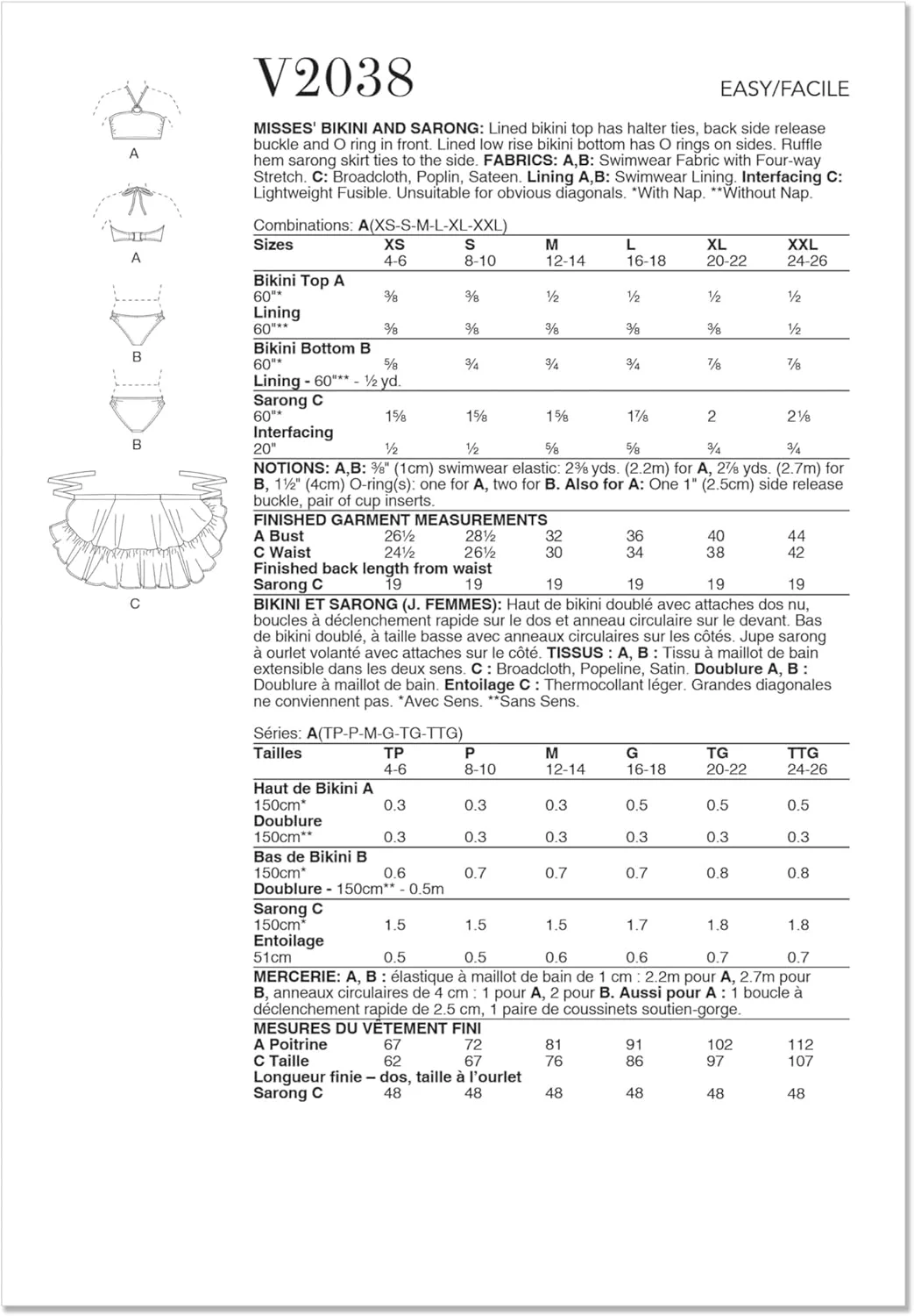 الگوهای خیاطی ووگ، بسته خیاطی بیکینی آستردار و سارافون زنانه، کد طراحی V2038، XS-S-M-L-XL-XXL، چند رنگ