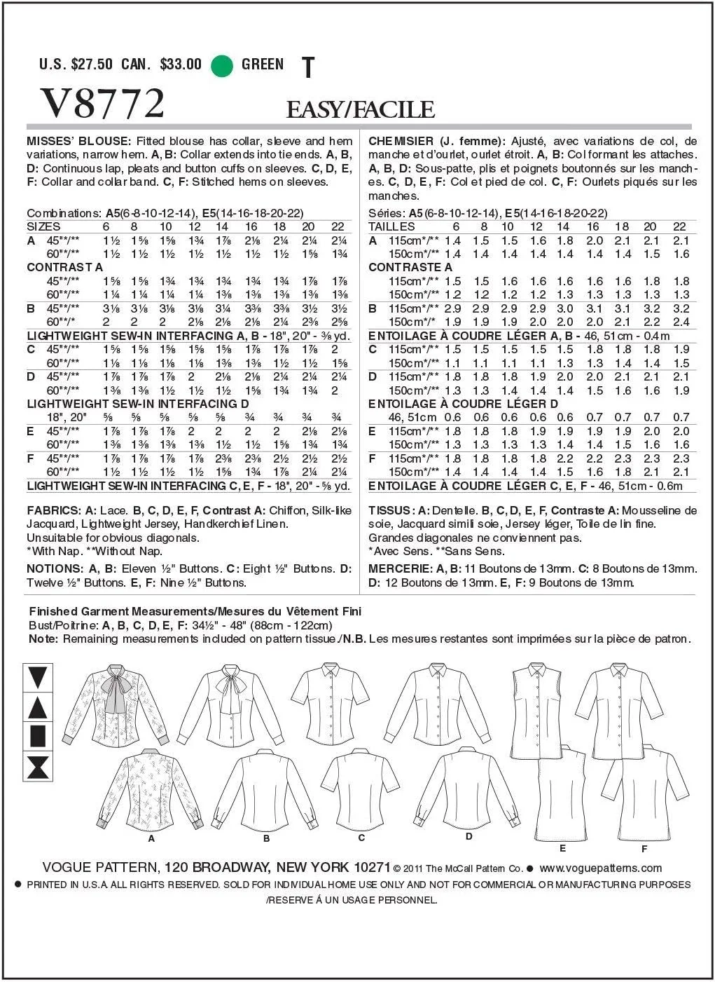 الگوی خیاطی Vogue Patterns، مناسب پارچه‌های ژرسه، کتان، ابریشم، شیفون، A5 (6-8-10-12-14)
