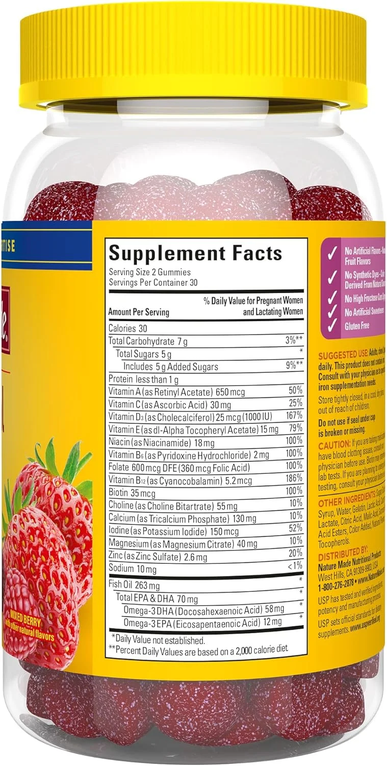 پاستیل های دوران بارداری Nature Made با DHA و اسید فولیک، مکمل غذایی برای حمایت تغذیه ای روزانه، 60 پاستیل، تامین 30 روزه پاستیل های دوران بارداری Nature Made با DHA و اسید فولیک، مکمل غذایی برای حمایت تغذیه ای روزانه، 60 پاستیل، تامین 30 روزه