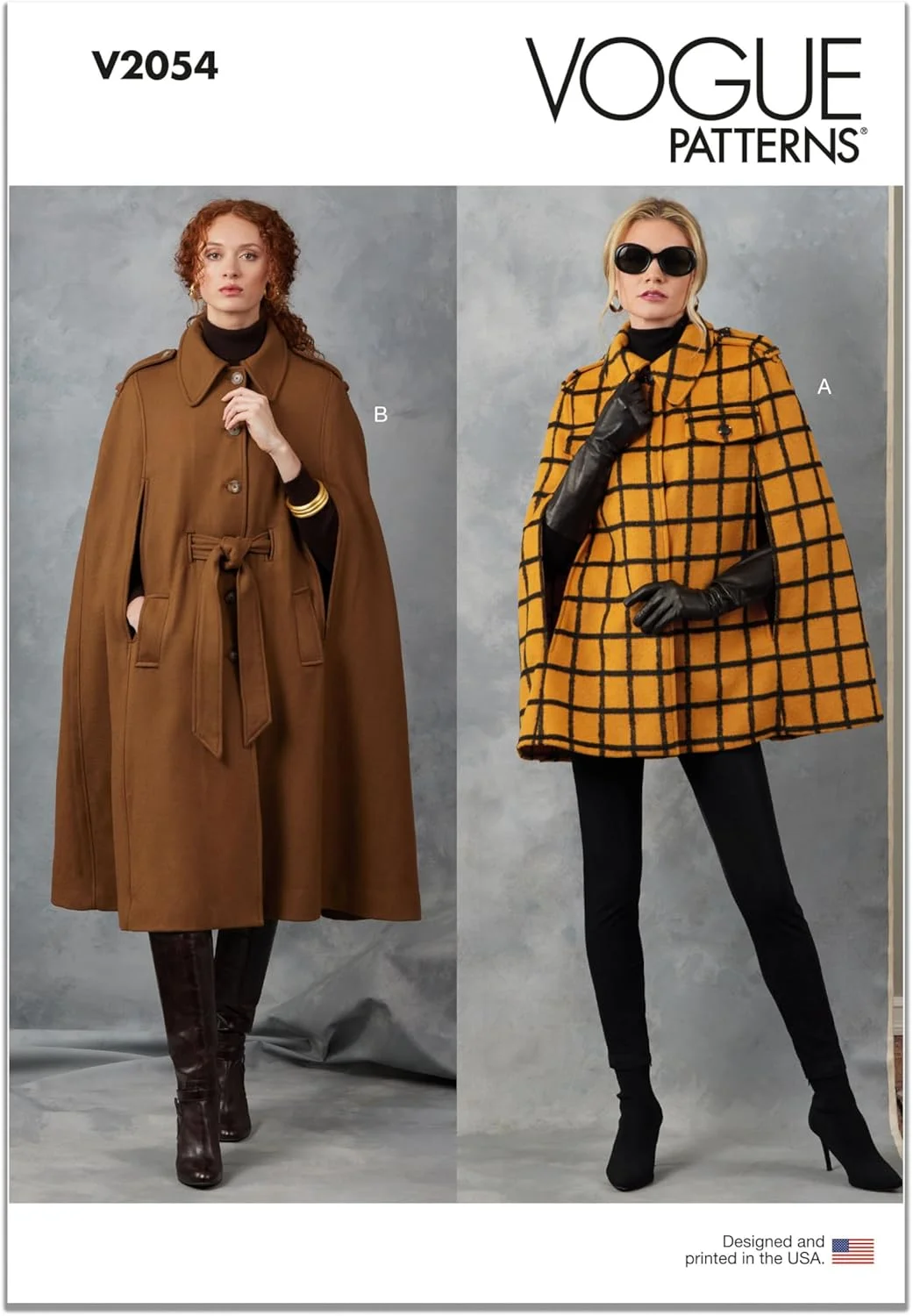 الگوی خیاطی شنل و کمربند بدون آستر زنانه Vogue V2054A، کد طراحی V2054، سایزهای XS-S-M-L-XL-XXL