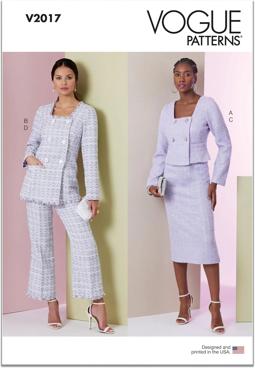 الگوهای Vogue، بسته خیاطی کت آستردار تنگ، دامن مدادی و شلوار فاق بلند نیمه جذب زنانه، کد طراحی V2017، سایزهای 18-20-22-24-26، چند رنگ