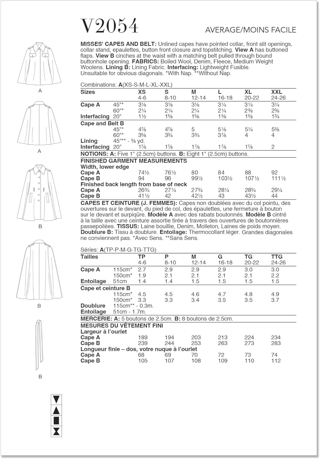 الگوی خیاطی شنل و کمربند بدون آستر زنانه Vogue V2054A، کد طراحی V2054، سایزهای XS-S-M-L-XL-XXL