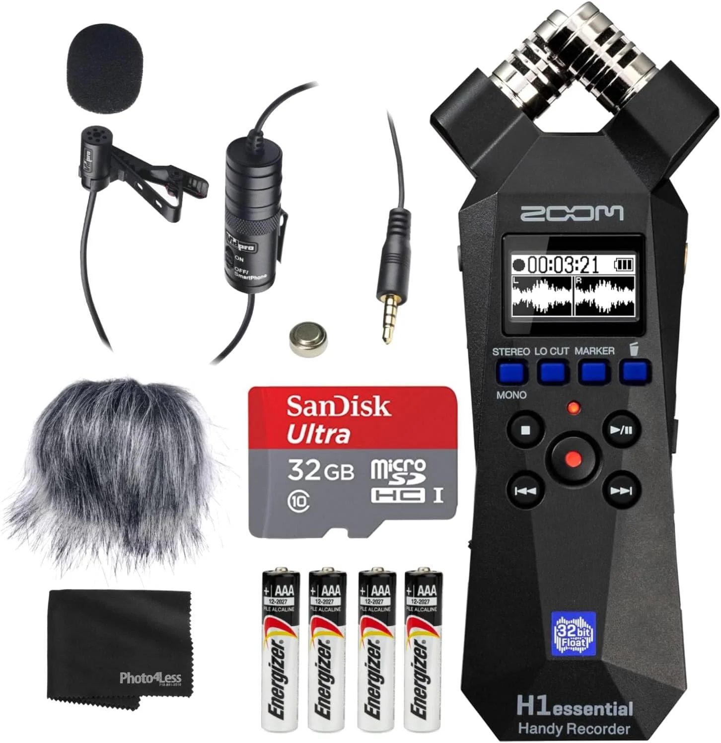 بسته ضبط کننده دستی Zoom H1essential با میکروفون کندانسور یقه ای حرفه ای، کارت microSDHC 32 گیگابایتی، بادگیر خزدار میکروفون، 4 عدد باتری آلکالاین AAA و موارد دیگر!