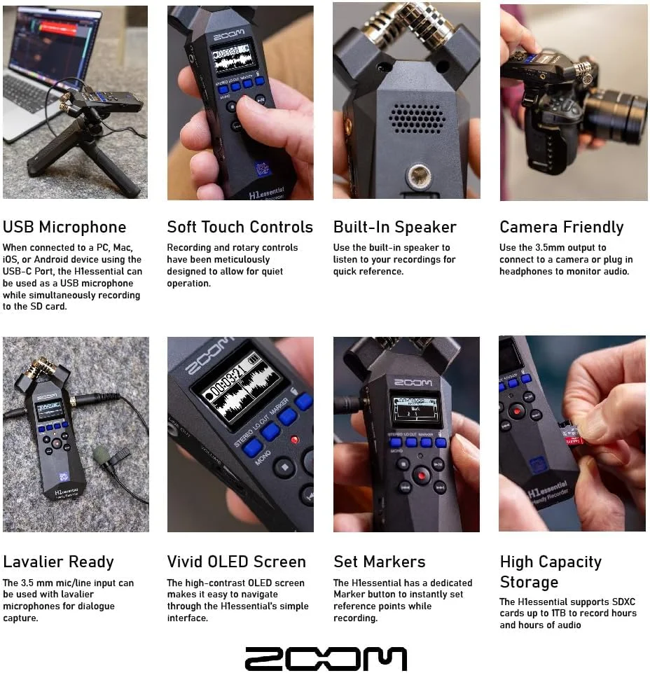 بسته ضبط کننده دستی Zoom H1essential با میکروفون کندانسور یقه ای حرفه ای، کارت microSDHC 32 گیگابایتی، بادگیر خزدار میکروفون، 4 عدد باتری آلکالاین AAA و موارد دیگر!